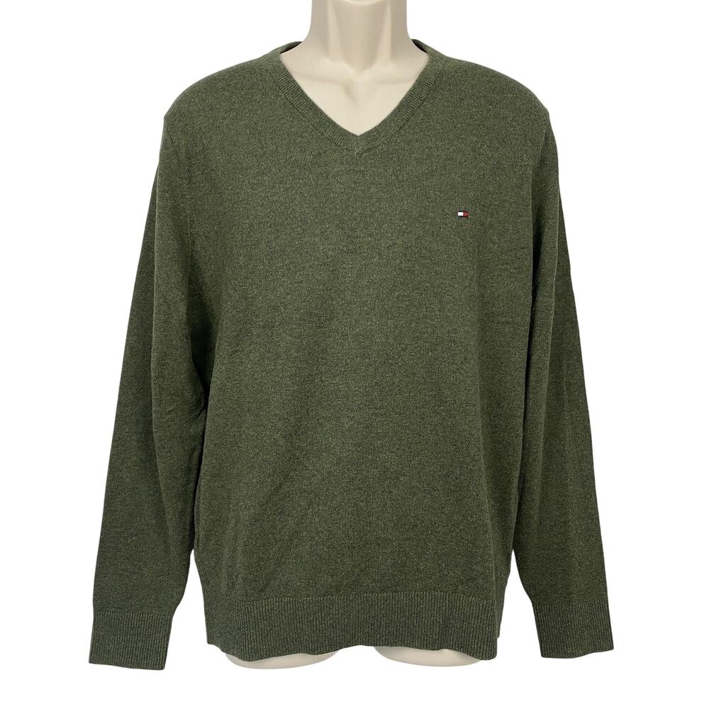 Tommy Hilfiger Cotton Cashmere‎ Sweater Mens Large Forest Green V Neck Pullover